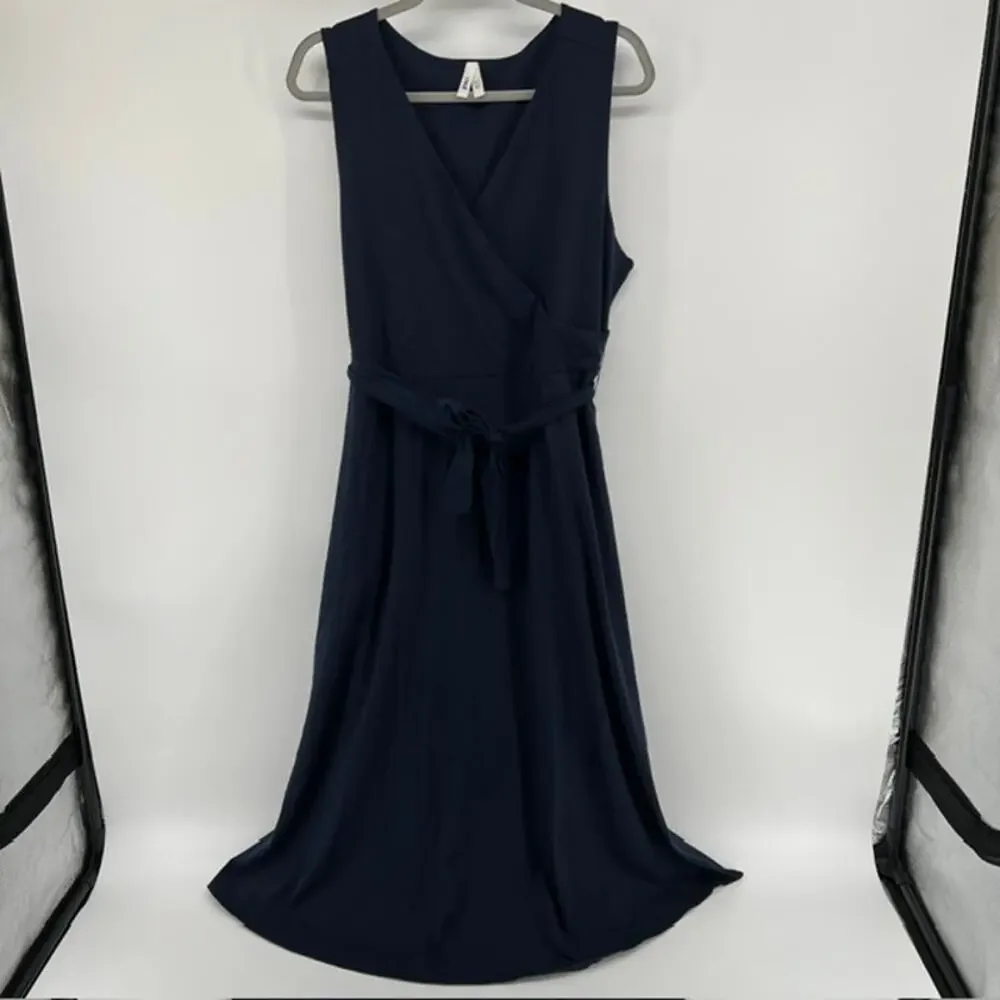 Pact Organic Cotton Fit & Flare Easy V-Neck Dress Womens XL Navy Blue Tie Midi